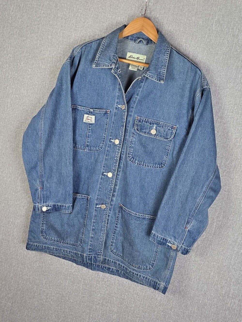 Vtg Eddie Bauer Womens Blue Denim Lightweight Chore Jacket Sz S